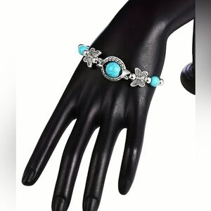 Bohemian Western Turquoise Engraved Butterfly Charms Bracelet